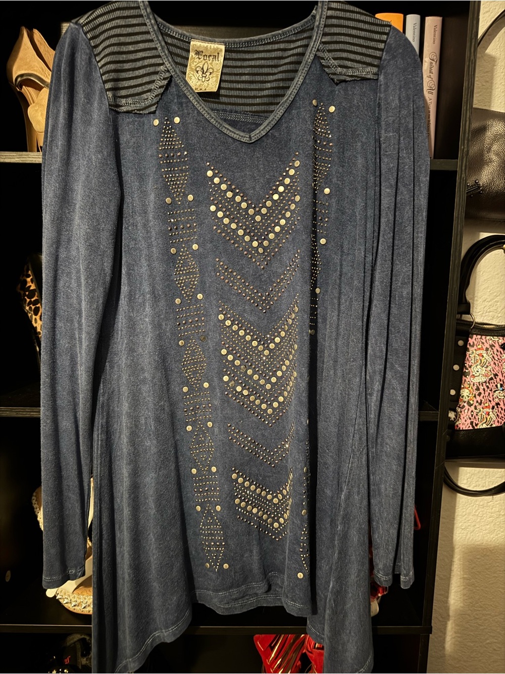 Vocal Navy Blue V-Neck Long Sleeve Top with silver Studs